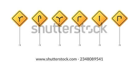 Road signs. Flat, turn signs, straight ahead, two-way traffic, road to the right, road to the left. Vector illustration