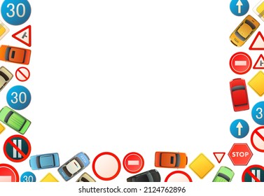 Road signs frame border. Auto traffic background. Specify and limit. Top view from above. Cartoon funny style. Flat design. Isolated on white. illustration vector.