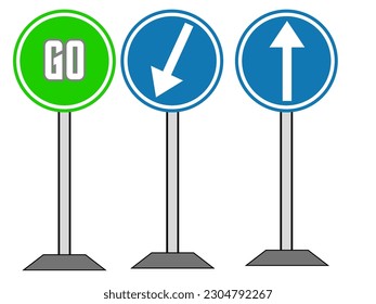 Road Signs. GO Entry, Keep left, Keep Ahead signposts. Vector Illustration. Great for kids learning. 
