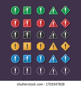 Road signs icon sets with exclamation mark in red, yellow, green, blue and black color. In circle, square, pentagon shape and triangle.