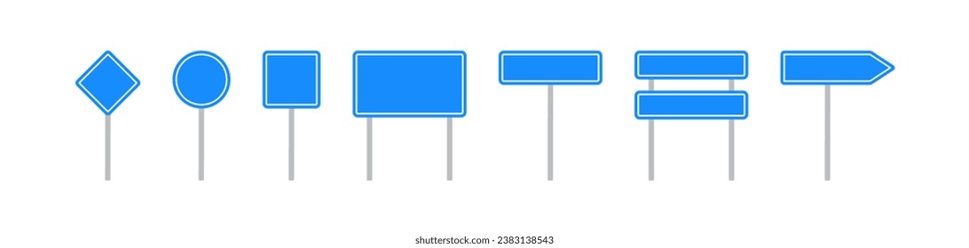 Road signs icon. Street board symbol. Traffic signpost signs. Direction highway symbols. Signage icons. Blue color. Vector isolated sign.