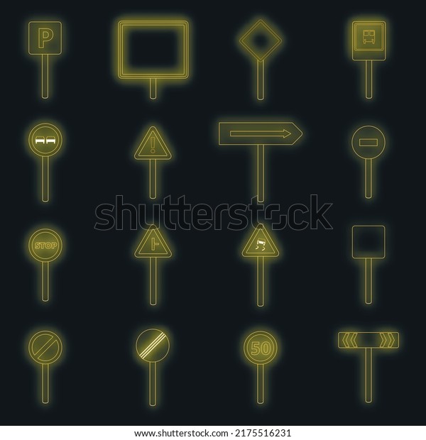 Road signs icons set. Illustration of 16
road signs vector icons neon color on
black