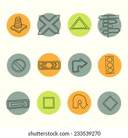 Road signs icons. Vector illustration. Hand drawn road signs set.