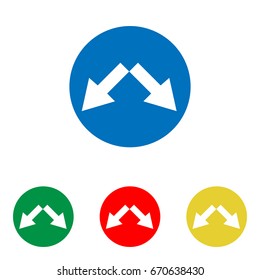 Road signs illustration. Vector. Big blue flat icon with red, green and yellow small icons at white background. Isolated.