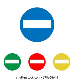 Road signs illustration. Vector. Big blue flat icon with red, green and yellow small icons at white background. Isolated.