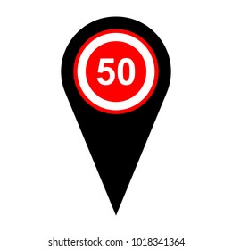 Road signs illustration. Vector. Flat white icon in red circle at black marker on white background. Isolated.