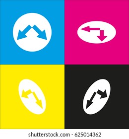 Road signs illustration. Vector. White icon with isometric projections on cyan, magenta, yellow and black backgrounds.