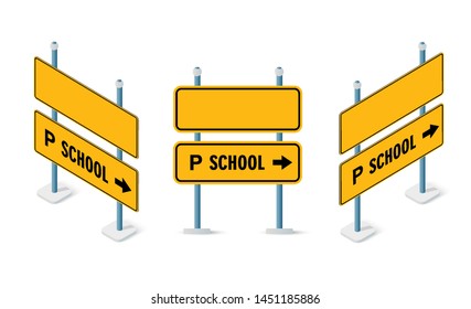 Road signs isometric set street object for highway information traffic direction transportation. Infographic icon for business message symbol concept vector illustration.