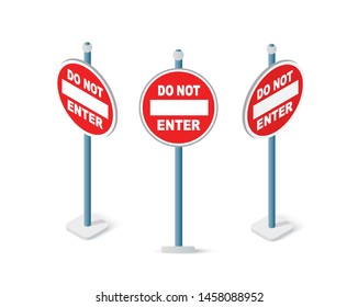 Road signs isometric set street object for highway information traffic direction transportation. Infographic icon for business message symbol concept vector illustration.