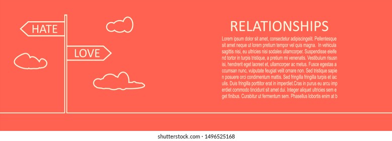 Road signs with Love and Hate text pointing in opposite directions. Horizontal thin line style web banner.
