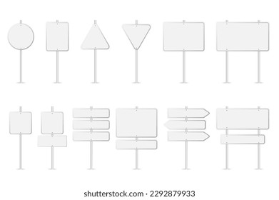 Road signs mega set elements in flat design. Bundle of white street signposts template with different shapes. Blank traffic pointers with arrow directions. Vector illustration isolated graphic objects