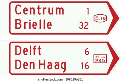 Road signs in the Netherlands, Signposts (multiple) for cyclists and moped riders showing intermediary destinations and indicating an alternative route (in italics) to one of the destinations 