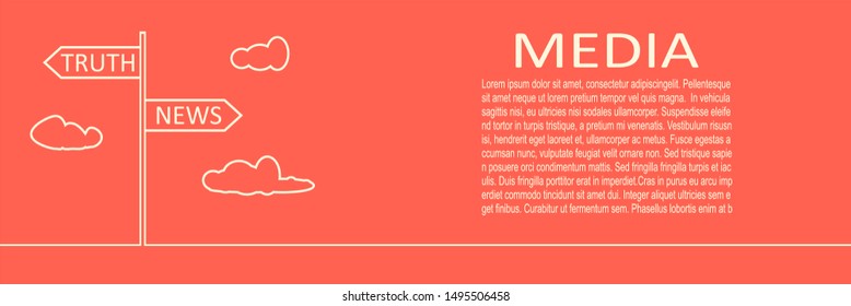Road signs with News and Truth text pointing in opposite directions. Horizontal thin line style web banner.