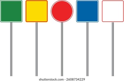 Road Signs on Poles. Set of road signs, Traffic signs. No entry, Parking, Speed Limited, Stop and Roundabout ahead. Realistic European, asian, indian Traffic Symbol. Vector