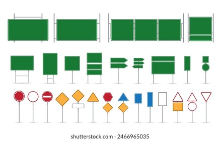 Road signs on a white background. Empty signs of danger, warning, guidance.
A sign vector illustration.