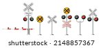 Road signs and railroad crossing barriers are used in the United States.traffic light, Railway barriers close isolated on white background, design concept for start up, business solutions,