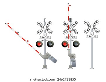 Road signs and railroad crossing barriers are used in the United States. traffic light, Railway barriers close isolated on white background, design concept for start up, business solutions,