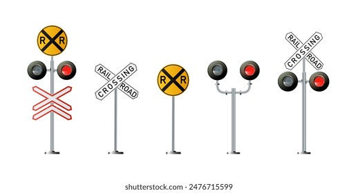 Road signs and railroad crossing barriers are used in the United States.traffic light, Railway barriers close isolated on white background, design concept for start up, business solutions,