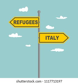 Road signs with Refugees and Italy text pointing in opposite directions. Illustration relative to migration from Africa to European Union.