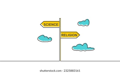 Road signs with Science and Religion text pointing in opposite directions.