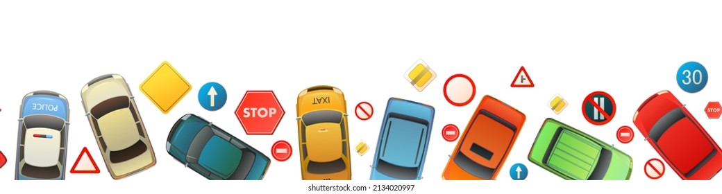 Road signs seamless border. Auto traffic background. Specify and limit. Top view from above. Cartoon funny style. Flat design. Isolated on white. illustration vector