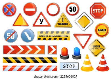 Las señales de carretera establecen elementos gráficos en el diseño plano. Conjunto de paro, límite de velocidad, advertencia, peligro, desvío, en construcción, tráfico, dirección y otros símbolos. Ilustración vectorial de objetos aislados