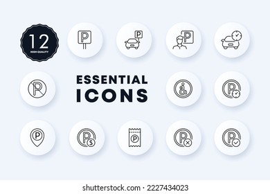 Road signs set icon. Parking, passage prohibited, barrier, disabled parking space, paid place, traffic police, cars, ticket, payment, prohibited. Traffic Laws concept. Neomorphism style. Vector icon