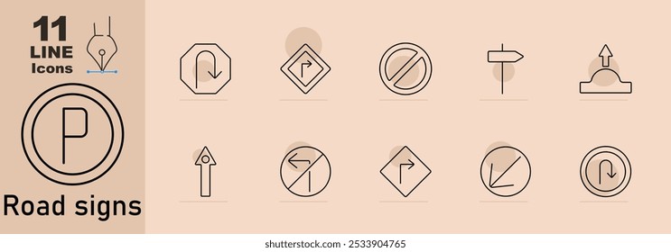 Road signs set icon. Parking sign, U-turn, right turn, no entry, direction arrow, speed bump, roundabout, no left turn, rightward arrow, downward arrow