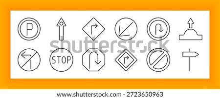 Road signs set icon. Parking, turns, stop signs, roundabouts, arrows, direction indicators, prohibition marks in thin outlined highway sign format.