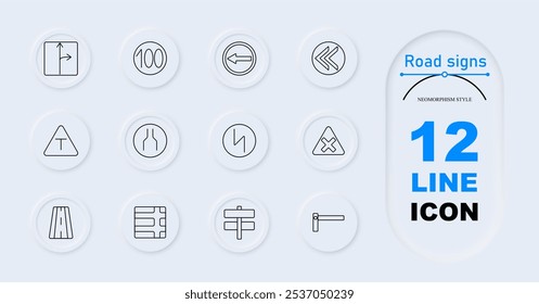 Road signs set icon. Right turn, speed limit 100, left turn, double arrows, triangle caution, two-way street, no entry, junction, boom gate. Traffic management, navigation, road safety.