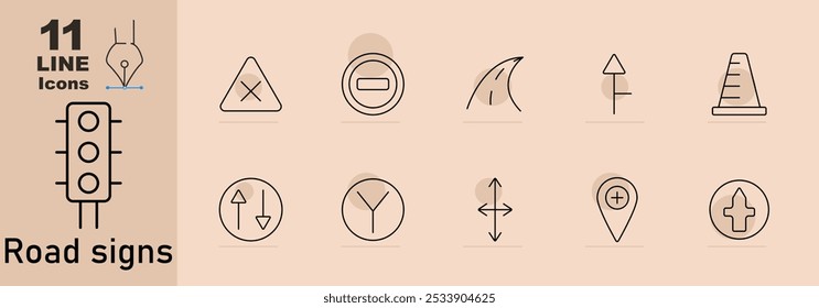 Ícone de conjunto de sinais de estrada. Semáforo, sem cruzamento, sem entrada, curva para a direita, cone de trânsito, setas duplas, bifurcação em estrada, interseção de quatro vias, pino de localização com sinal de adição, cruzamento.