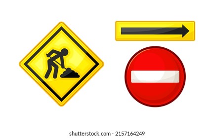 Road signs set. Under construction, no entry, yellow direction sign road sign vector illustration