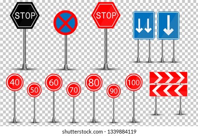 Road signs set. Vector illustration symbols of traffic signs on a transparent background. Traffic signs icons set.