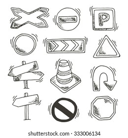 Road Signs Set. Vector Sketch Illustration. Hand Drawn Icons.