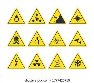 Road signs set. Yellow warning symbols danger of loose soil radioactive alarm lethal electrical voltage ice deposit ahead biological hazard strong ultraviolet radiation. Vector attention.