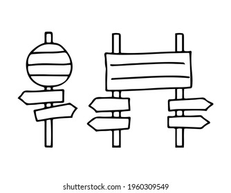 Road signs with shields and arrows in different directions.  Drawn in black outline on a white background in doodle style.  Vector illustration.