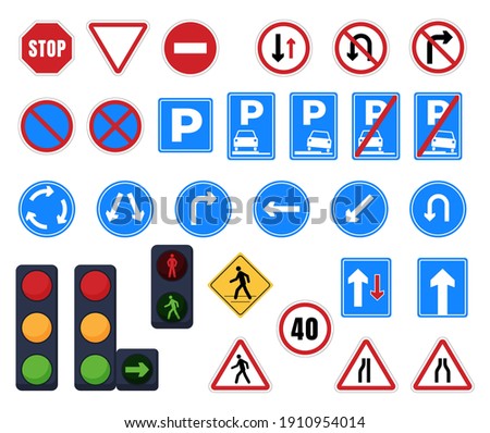 Road Signs. Stop, parking, direction of traffic, pedestrian crossing, signposts and prohibition signs. Traffic light