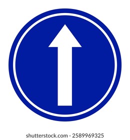 road signs for straight ahead road. white arrow on a blue circle background.