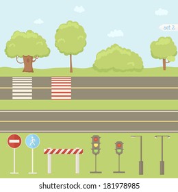 Road signs, traffic lights, trees collection