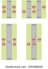 Road signs in the United Kingdom, On wide dual carriageways with wide central reservations, the two off side signs should be mounted
separately, closer to each other