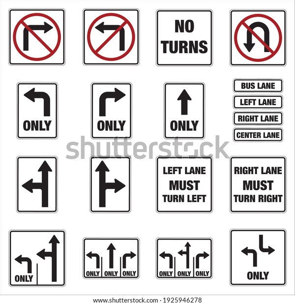 Road signs in\
the United States, traffic codes in the United States. Road signs\
vector for educational use in driving school. Lane usage and turns\
road signs of United\
States.\
