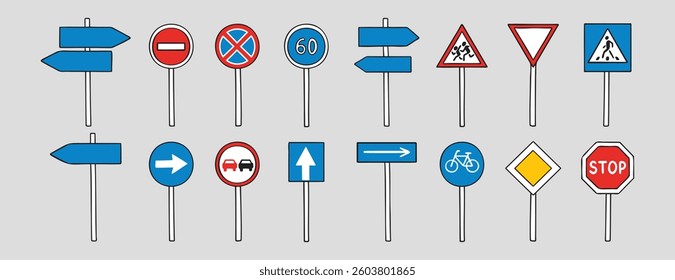 Road signs with up, down, left, right doodle hand drawn icon set. Outline drawing road signs line clipart symbol collection. Vector illustration