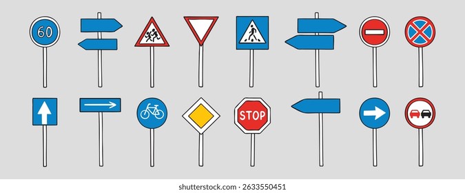 Road signs with up, down, left, right doodle hand drawn icon set. Outline drawing road signs line clipart symbol collection. Vector illustration