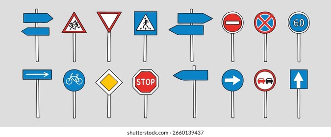 Road signs with up, down, left, right doodle hand drawn icon set. Outline drawing road signs line clipart symbol collection. Vector illustration