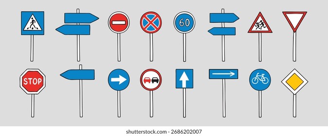 Señales de tráfico con arriba, abajo, izquierda, derecha doodle dibujado a mano conjunto de iconos. Esquema de dibujo de señales de tráfico línea Clipart símbolo colección. Ilustración vectorial