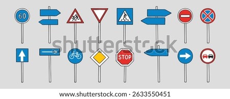 Road signs with up, down, left, right doodle hand drawn icon set. Outline drawing road signs line clipart symbol collection. Vector illustration