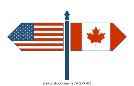 Road signs with USA and Canada flags pointing in opposite directions. Image relative to politic situation between USA and Canada. Trade war