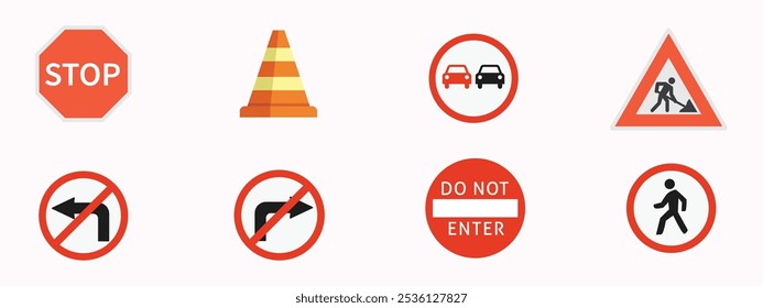 Coleção de ícones de vetor de sinais de estrada. Conjunto de Ícones de Símbolo de Estrada de Vetor de Ilustração