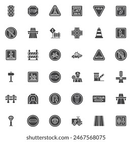 Conjunto de iconos vectoriales de señales de carretera, colección de símbolos sólidos modernos, paquete de pictogramas de estilo relleno. Señales, ilustración del logotipo. El conjunto incluye iconos como semáforo, paso de peatones, límite de velocidad, sin estacionamiento
