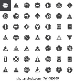 Road signs vector icons set, modern solid symbol collection, filled style pictogram pack. Signs, logo illustration. Set includes icons as warning, priority, parking, disability, traffic